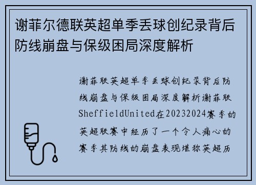 谢菲尔德联英超单季丢球创纪录背后防线崩盘与保级困局深度解析 谢菲尔德联英超单季丢球创纪录背后防线崩盘与保级困局深度解析