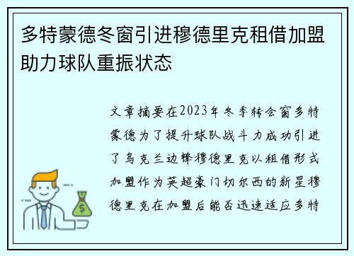多特蒙德冬窗引进穆德里克租借加盟助力球队重振状态 多特蒙德冬窗引进穆德里克租借加盟助力球队重振状态